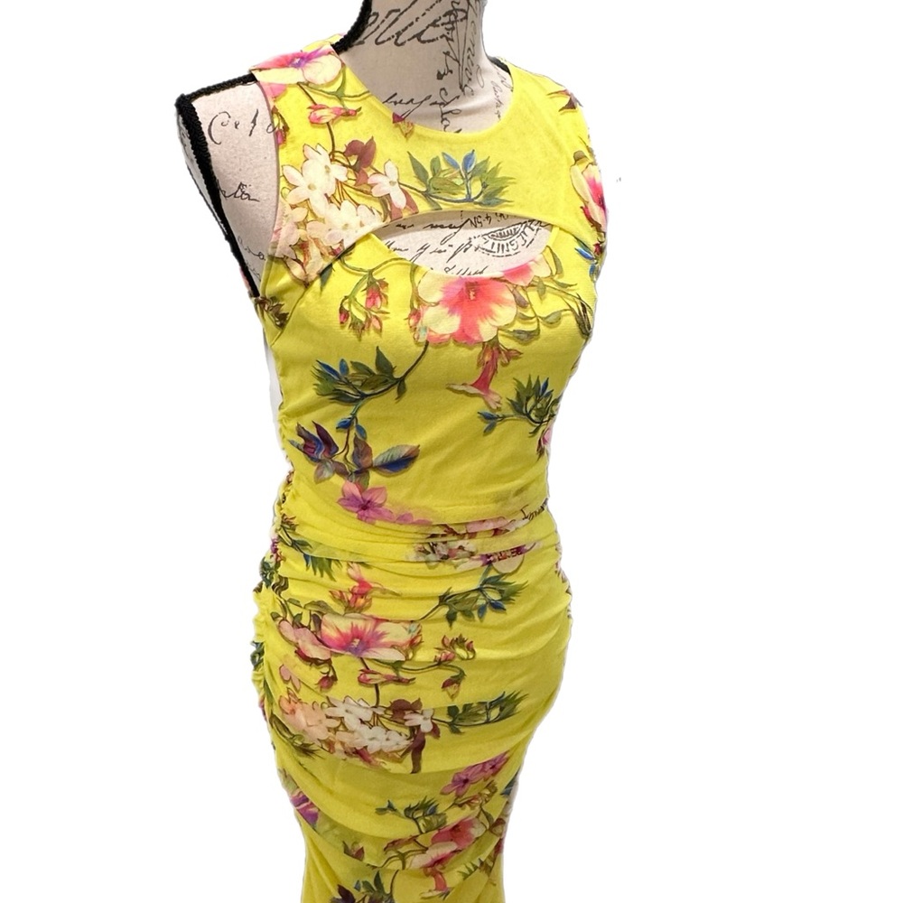 Vintage Y2K FUZZI Slash Front Floral Mesh Ruched Midi Dress NWT Sz L MSRP $495